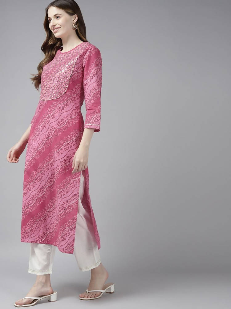 Yufta Women Pink Bandhani Yoke Design Pure Cotton Kurta with Palazzo and Dupatta | Grocsy