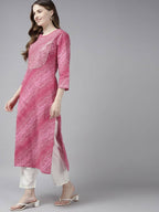 Yufta Women Pink Bandhani Yoke Design Pure Cotton Kurta with Palazzo and Dupatta | Grocsy