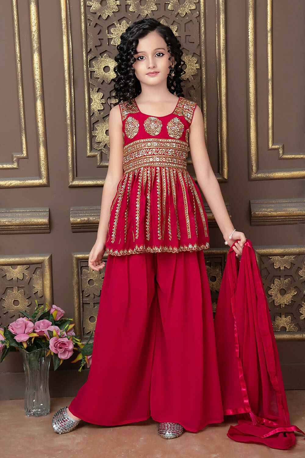 Kids Wedding Designer Pink Faux Georgette Sharara Suit - Aaradhna | Grocsy