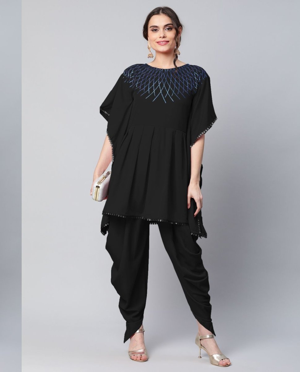 Ahalyaa Women Black Crepe Glitter Printed Kurta with Dhoti Pants | Grocsy