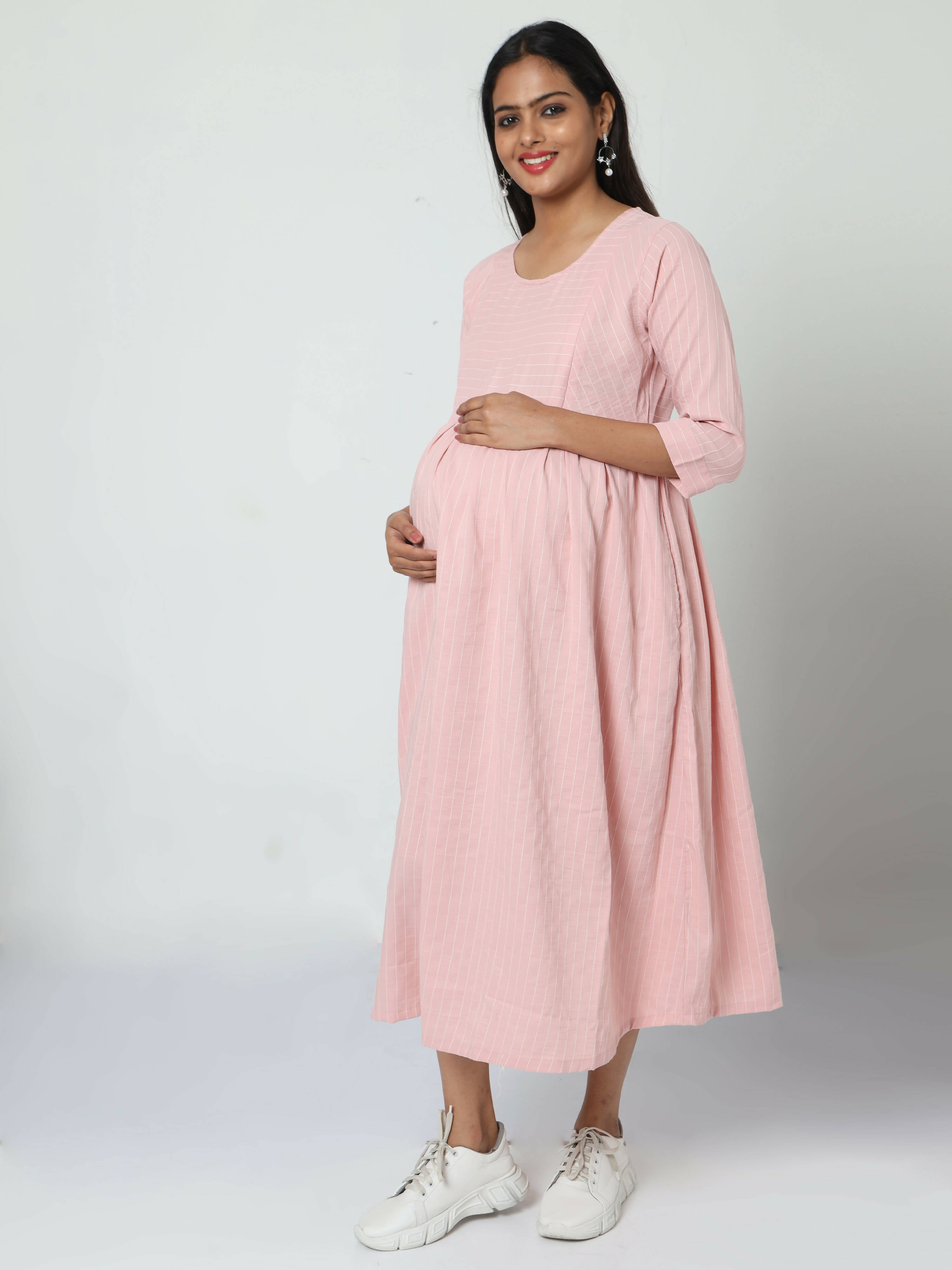 Manet Three Fourth Maternity Dress Striped With Concealed Zipper Nursing Access - Baby Pink | Grocsy