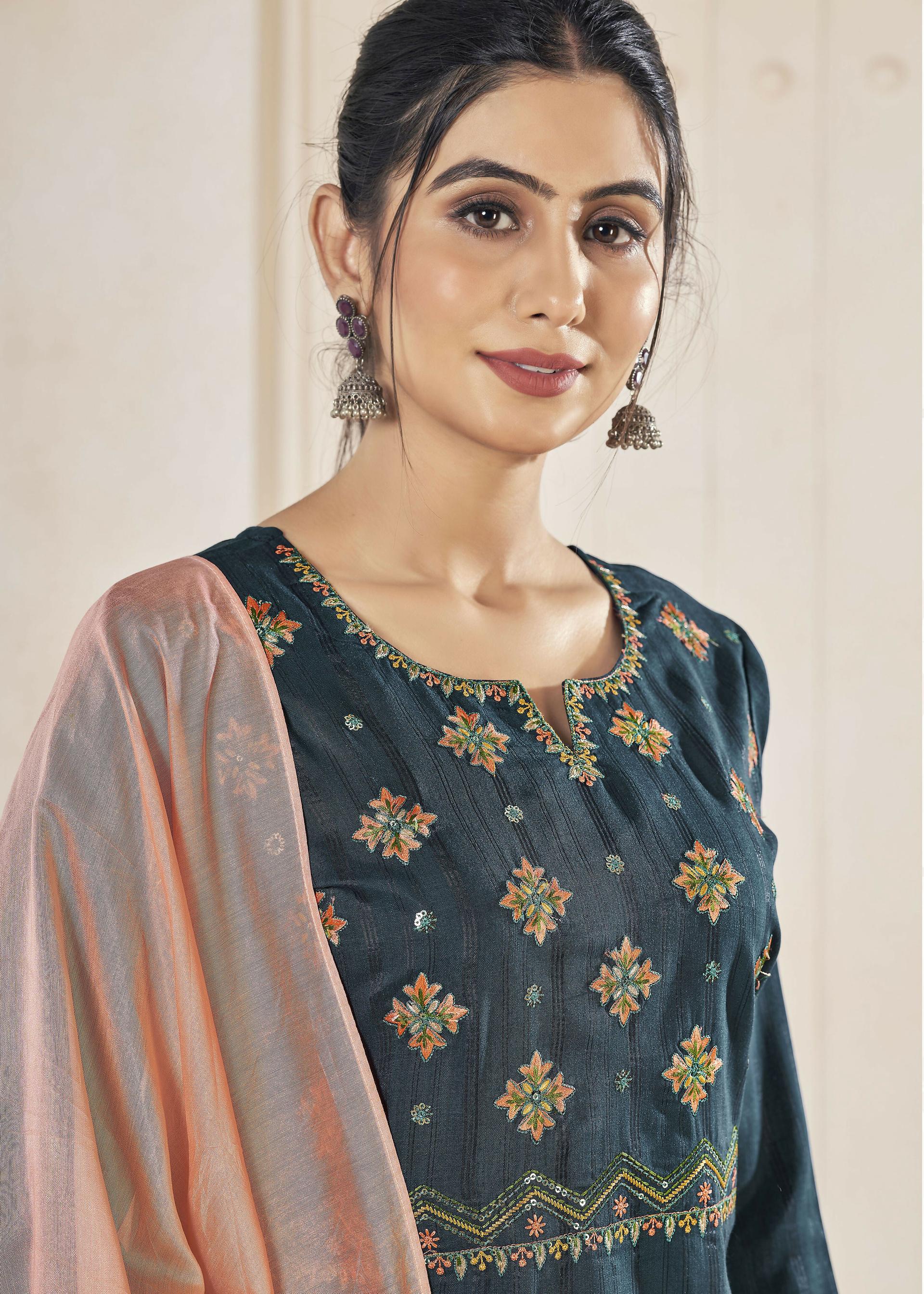 Jyoti Fashion Women's Morpich Pure Viscose Weaving Stripe with Embroidery Kurta Set | Grocsy