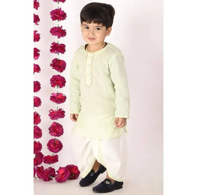 Little Bansi Boys Green and Cream Color Golden Striped Kurta and Dhoti | Grocsy