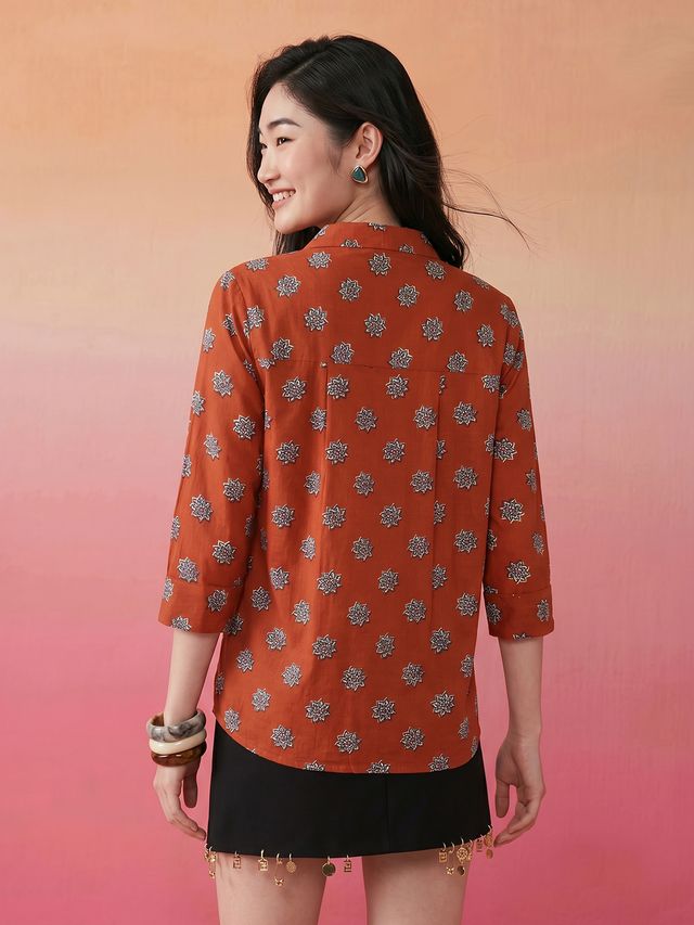 Janasya Rust A-Line Cotton Top | Grocsy