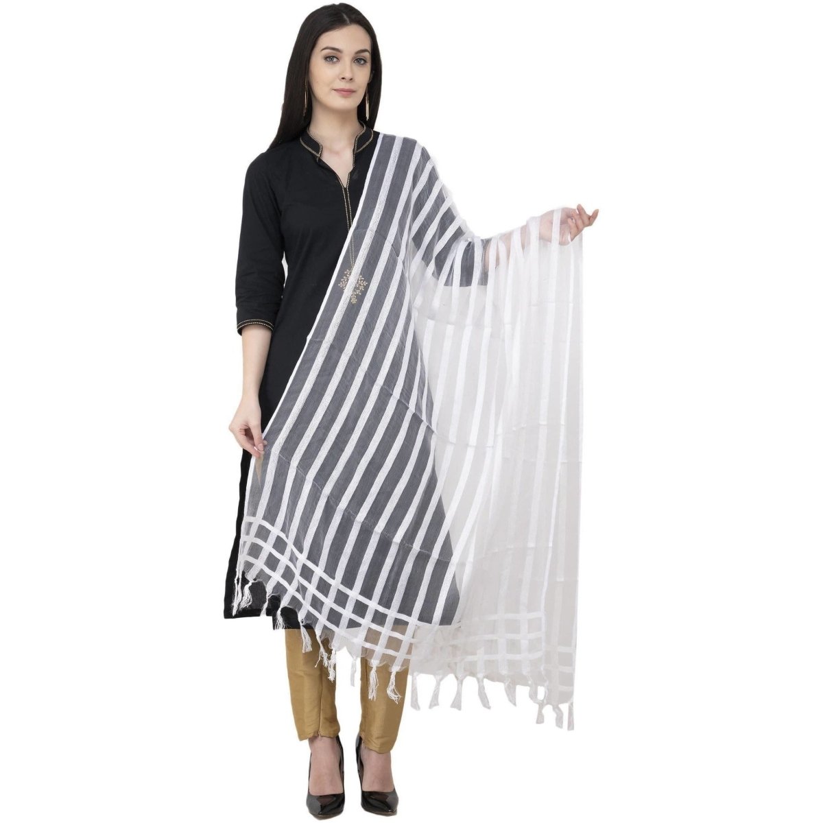 A R Silk Moti Luv Luv Stripe Regular Dupatta White Color Dupatta or Chunni | Grocsy