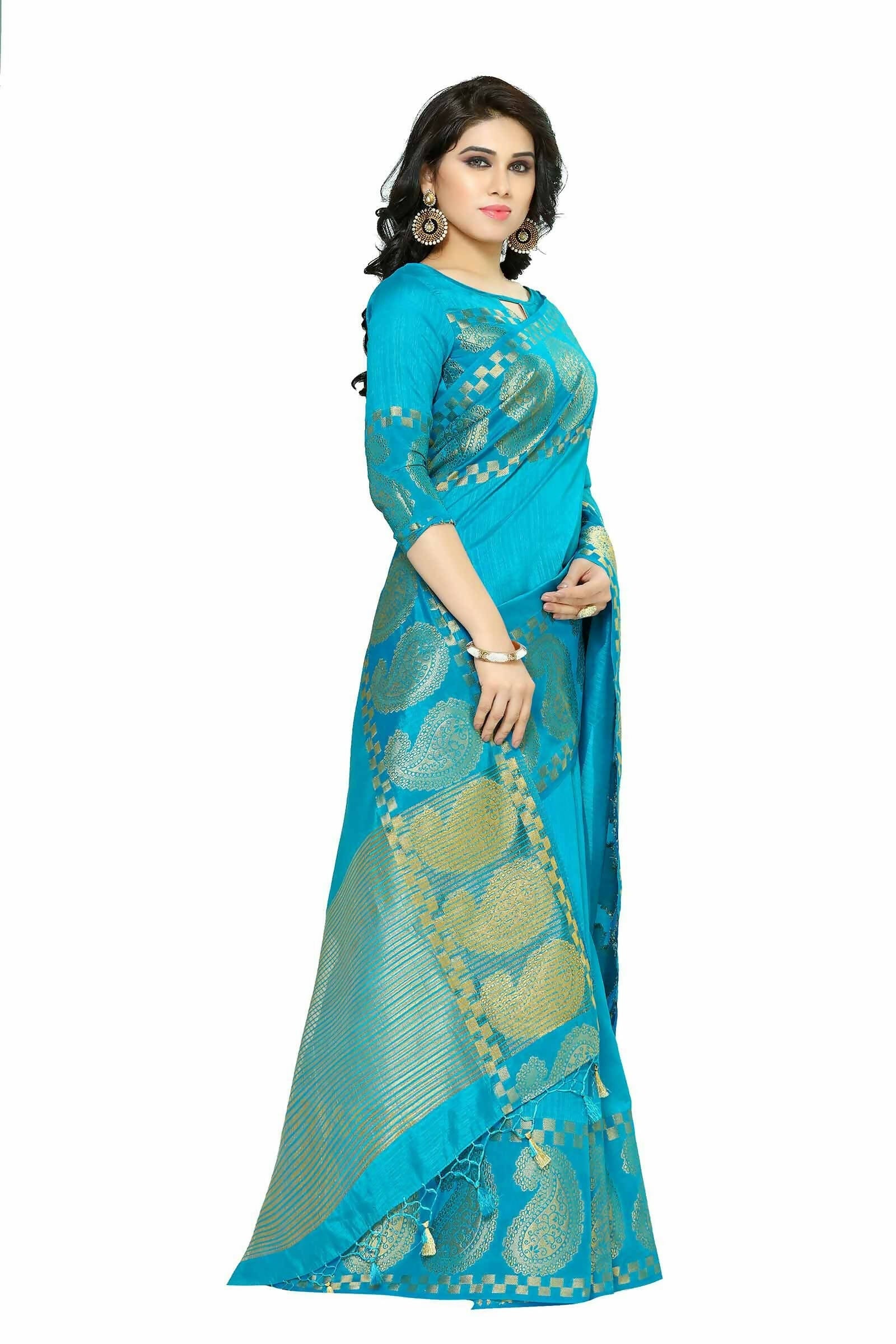 Mimosa Women's Banarasi Tussar Silk Turquoise Blue Saree | Grocsy
