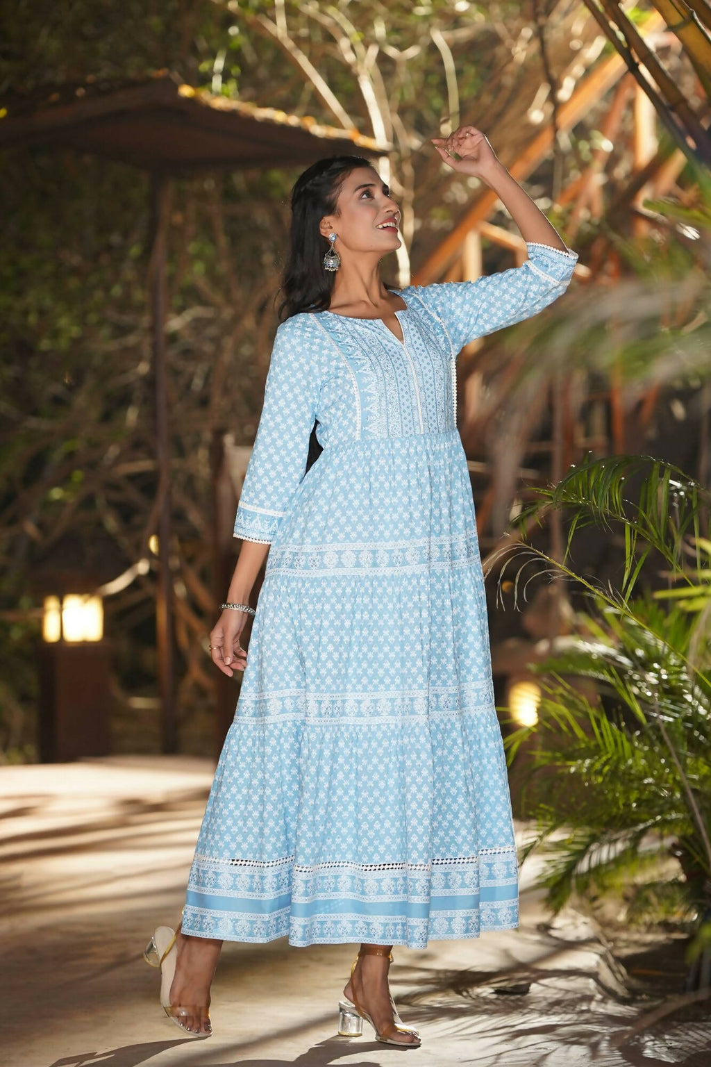 Juniper Women Blue Rayon Printed Tiered Dress | Grocsy