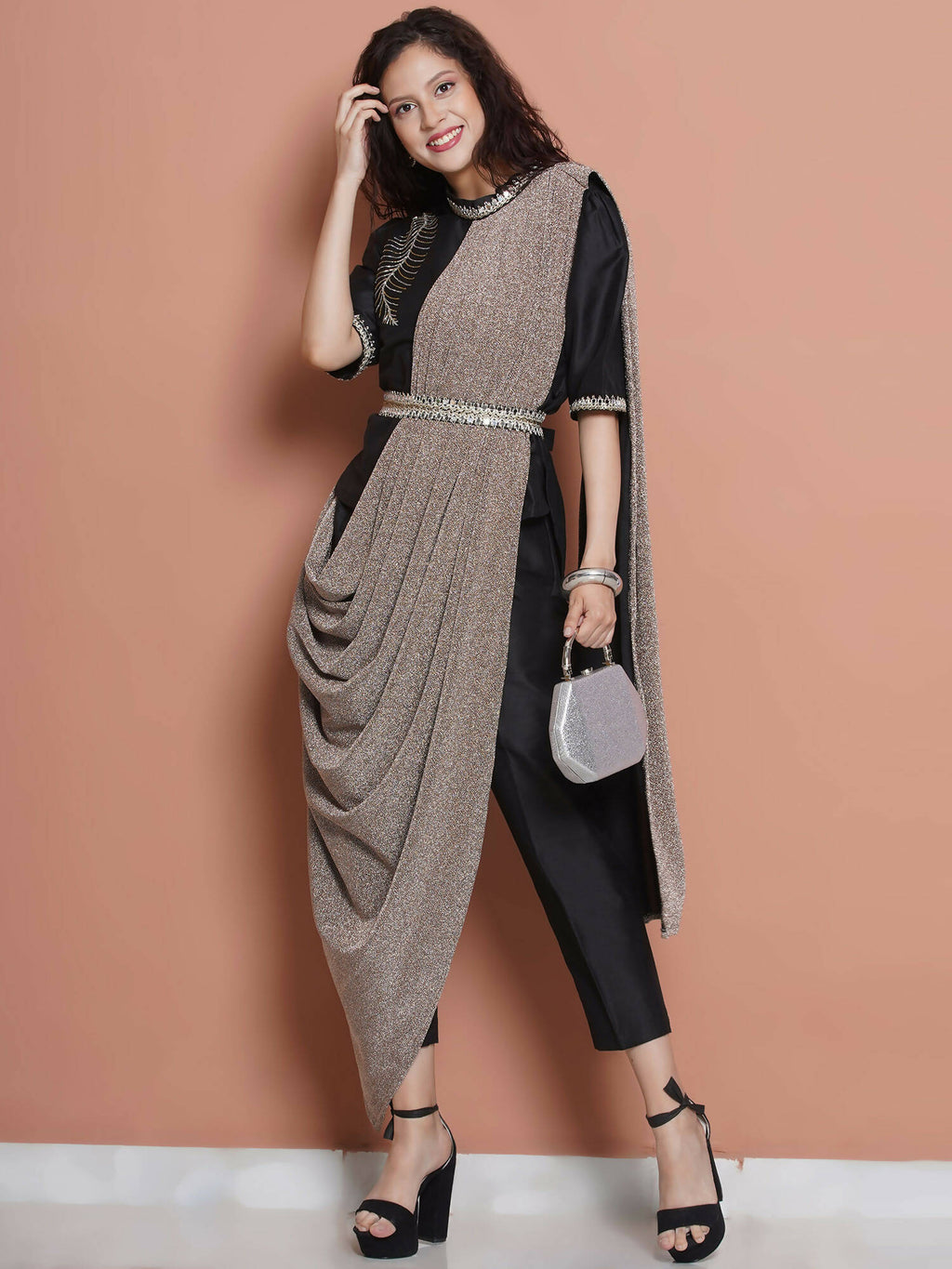 Women Republic Black Cotton Blended Set with Attached Drape | Grocsy