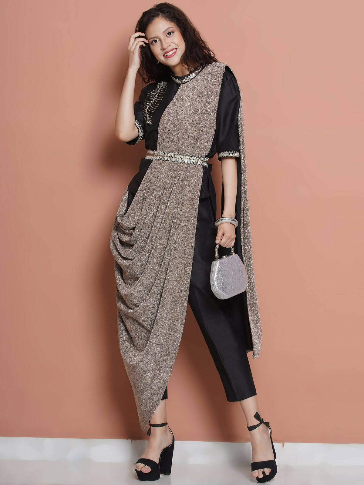 Women Republic Black Cotton Blended Set with Attached Drape | Grocsy