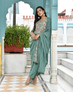 Vaasva Women's Teal Tissue Embroidered Suit Set With Solid Pant And Embroidered Dupatta | Grocsy