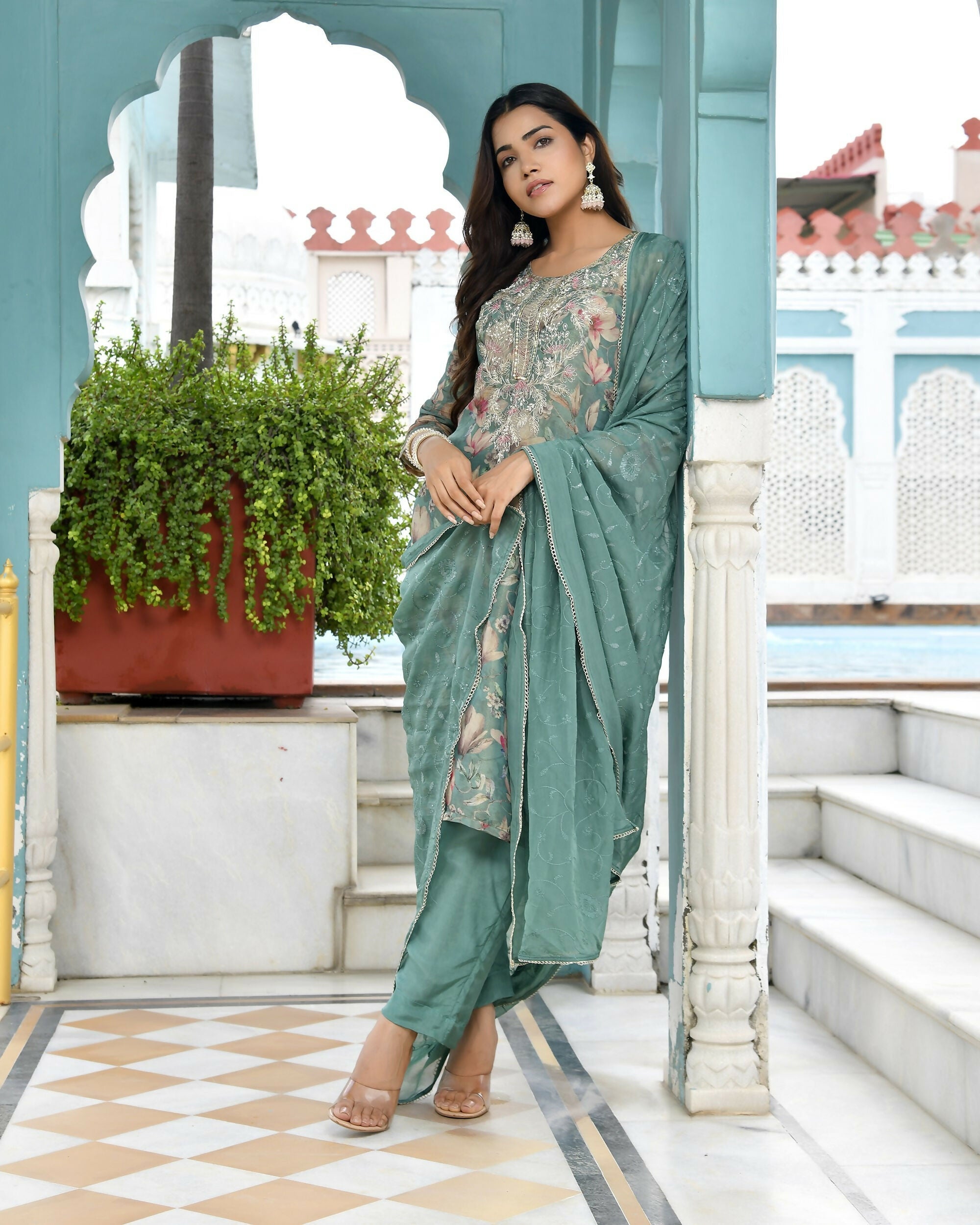 Vaasva Women's Teal Tissue Embroidered Suit Set With Solid Pant And Embroidered Dupatta | Grocsy