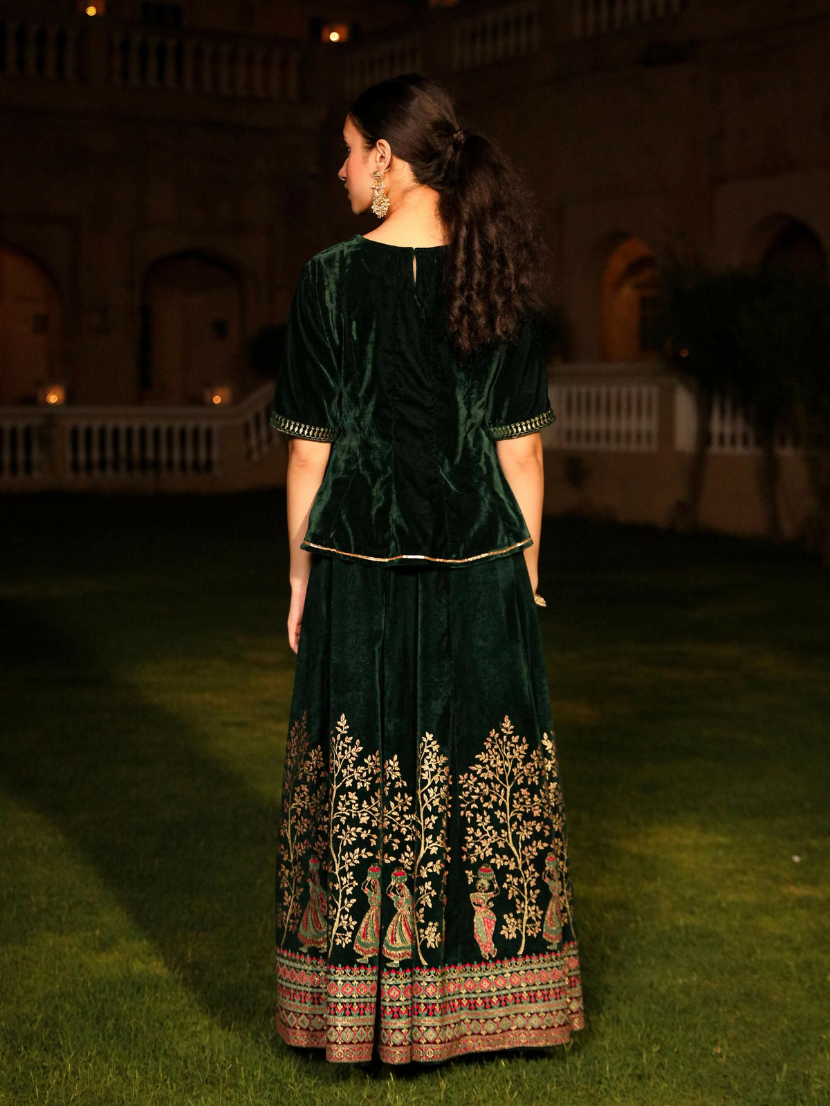 Juniper Women's The Sunehri Green Zari Embroidered Velvet Top & Skirt Set With Sequins & Lace | Grocsy