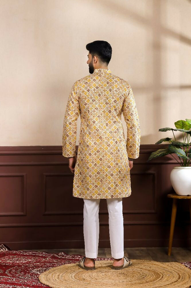 Mustard Art Silk Digital Printed, Embroidery Work Kurta Set - Mahotsav | Grocsy