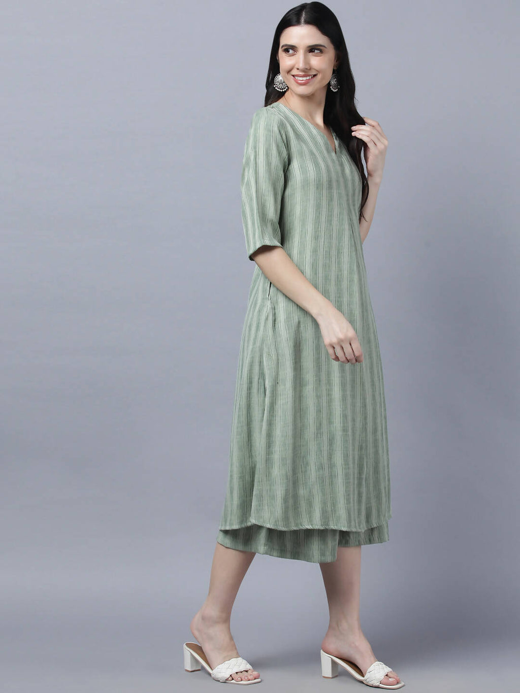 Myshka Stylish Green Cotton 3/4 Sleeve Women's Kurta Palazzo Set | Grocsy