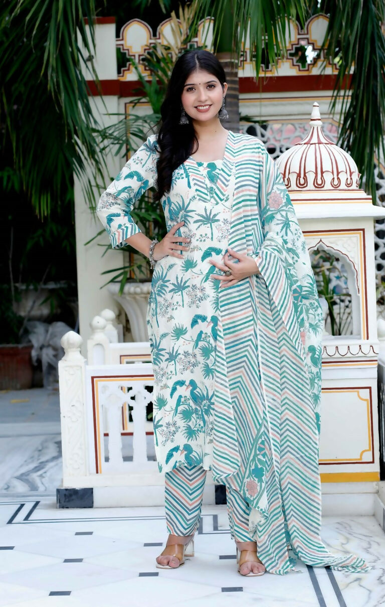 Miravan Women's Light Green Scenic Birds And Leaf Straight Pakistani Style Suit Set | Grocsy
