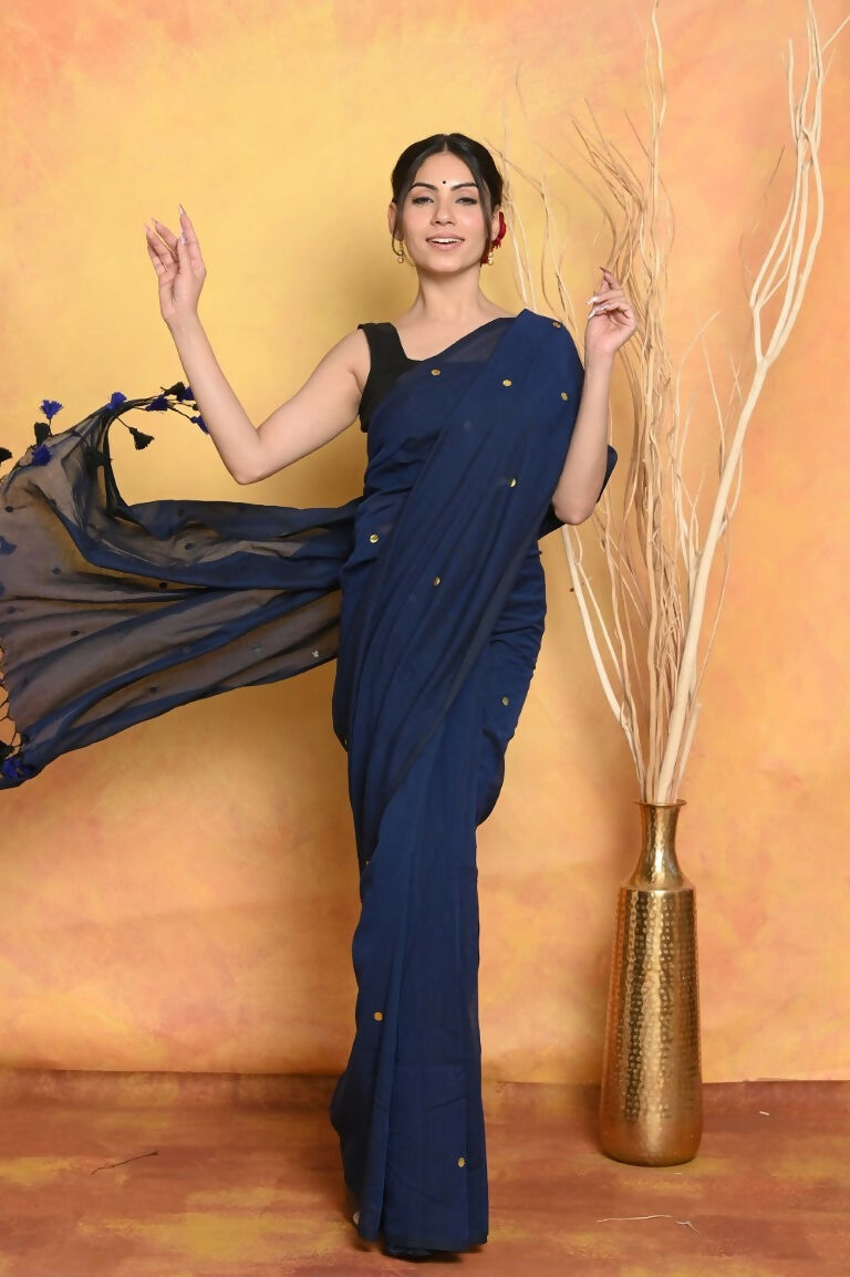 Very Much Indian Pure Mul Cotton Handloom Saree - Dark Blue | Grocsy