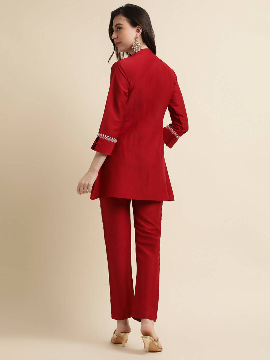 Red Chinon Floral Embroidered Top with Bottom - Maanushi | Grocsy