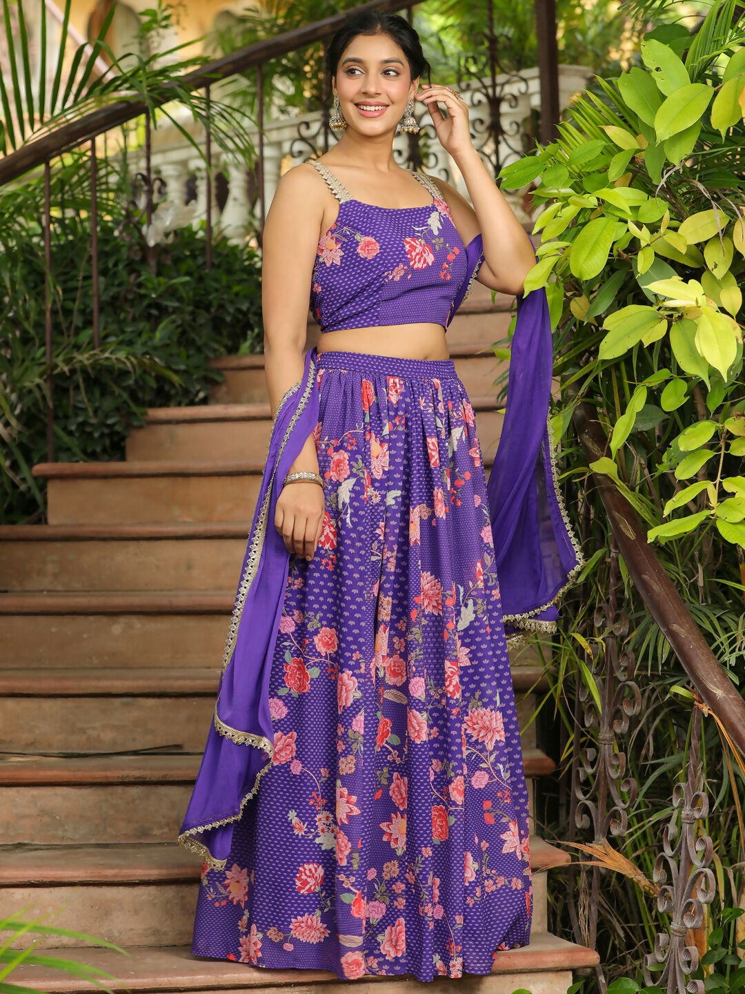 Janasya Purple Georgette Floral Lehenga Choli Dupatta | Grocsy