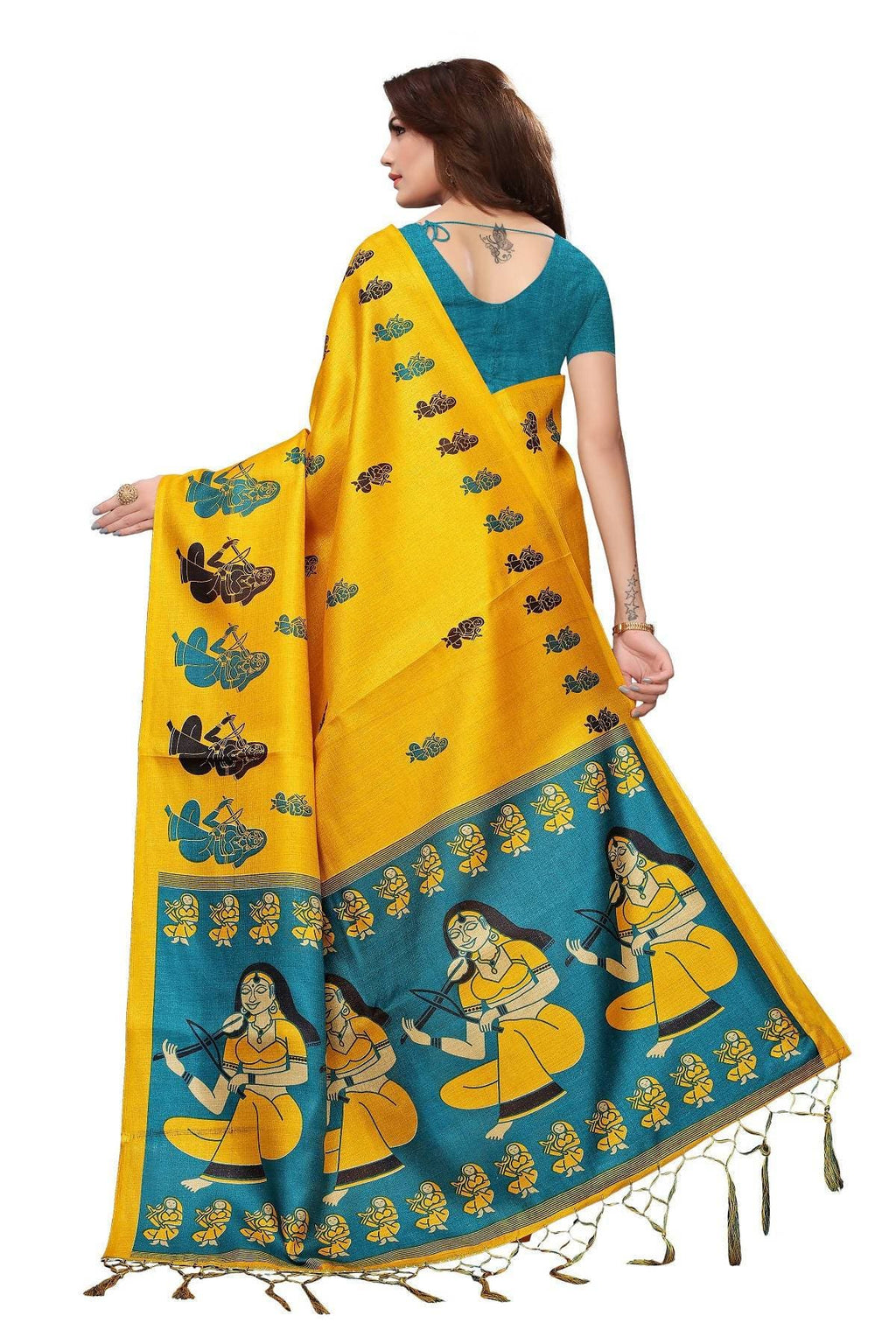 Vamika Yellow & Blue Kalamkari With Jhalar Khadi Silk Saree | Grocsy