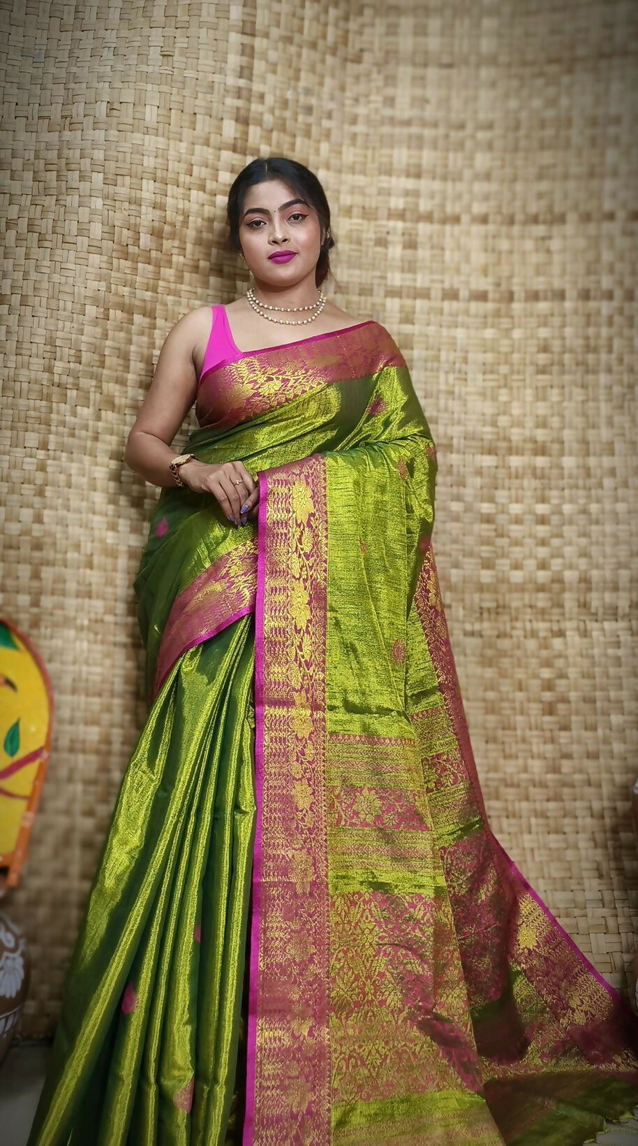 Exclusive Collection Golden Olive Beautiful Tissue Benarasi Saree | Grocsy