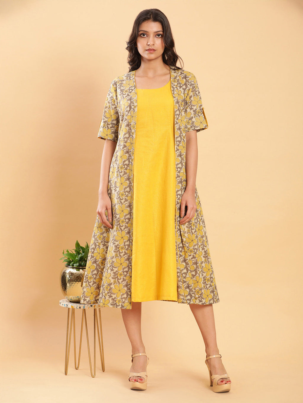 BohoJazz Vegetable Dye Handblock Jacket with Chrome Yellow Linen Dress | Grocsy