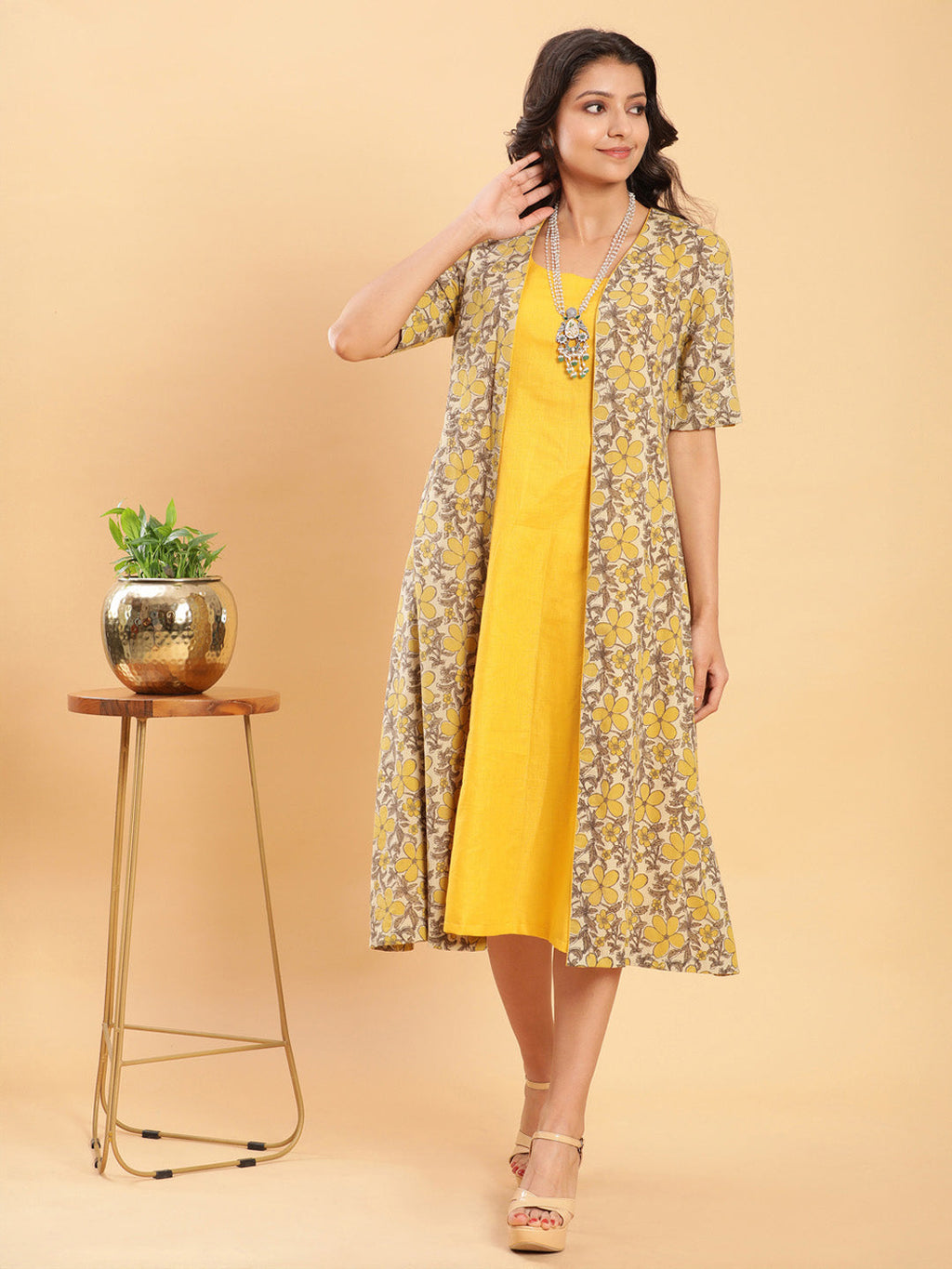 BohoJazz Vegetable Dye Handblock Jacket with Chrome Yellow Linen Dress | Grocsy
