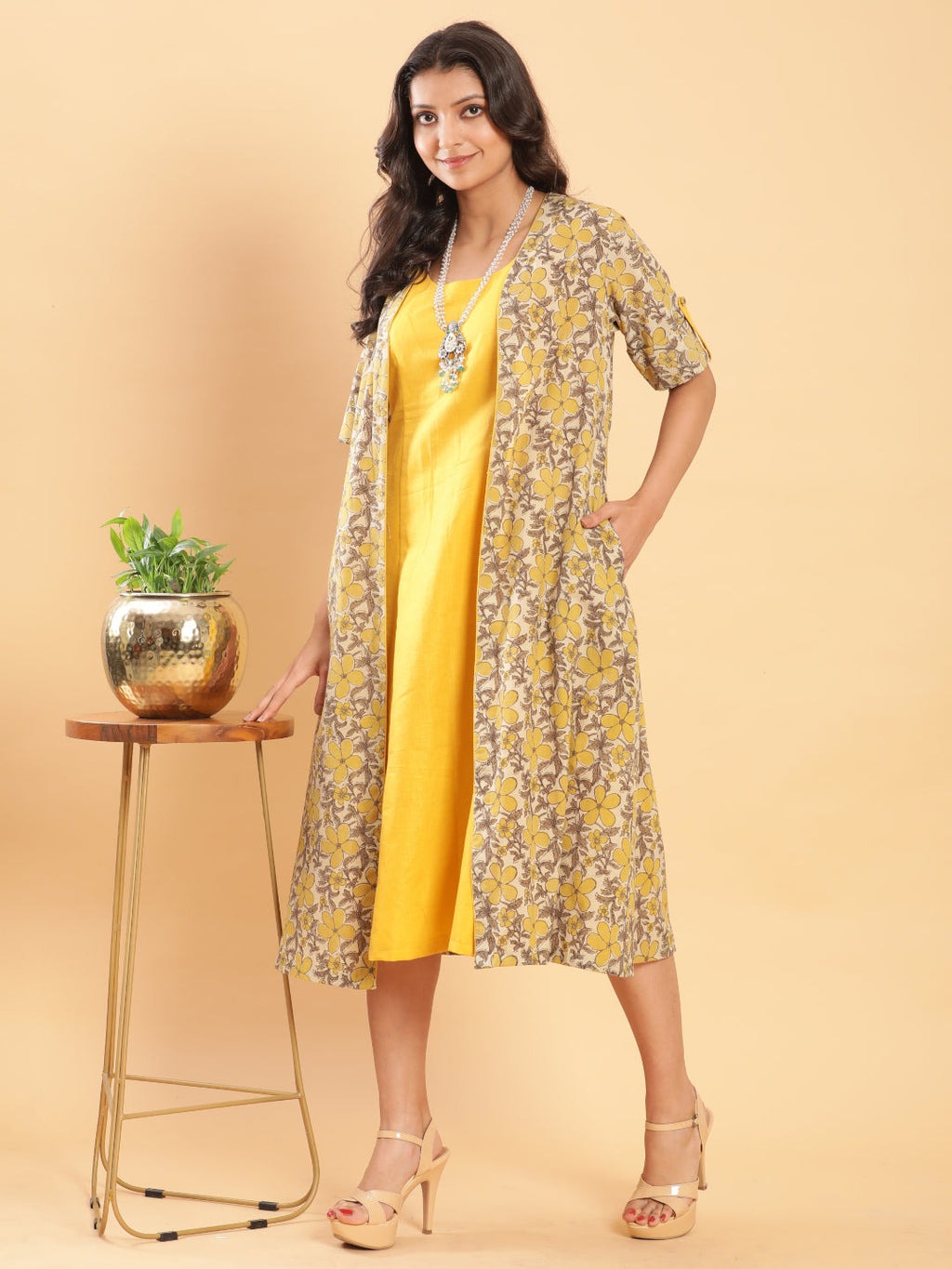 BohoJazz Vegetable Dye Handblock Jacket with Chrome Yellow Linen Dress | Grocsy
