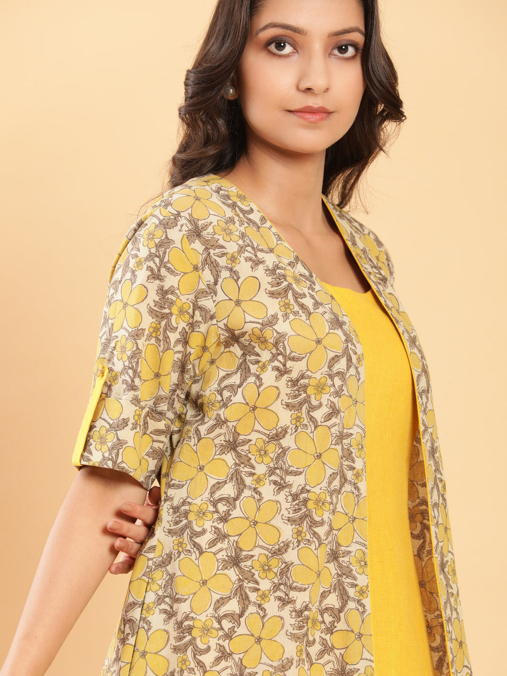 BohoJazz Vegetable Dye Handblock Jacket with Chrome Yellow Linen Dress | Grocsy