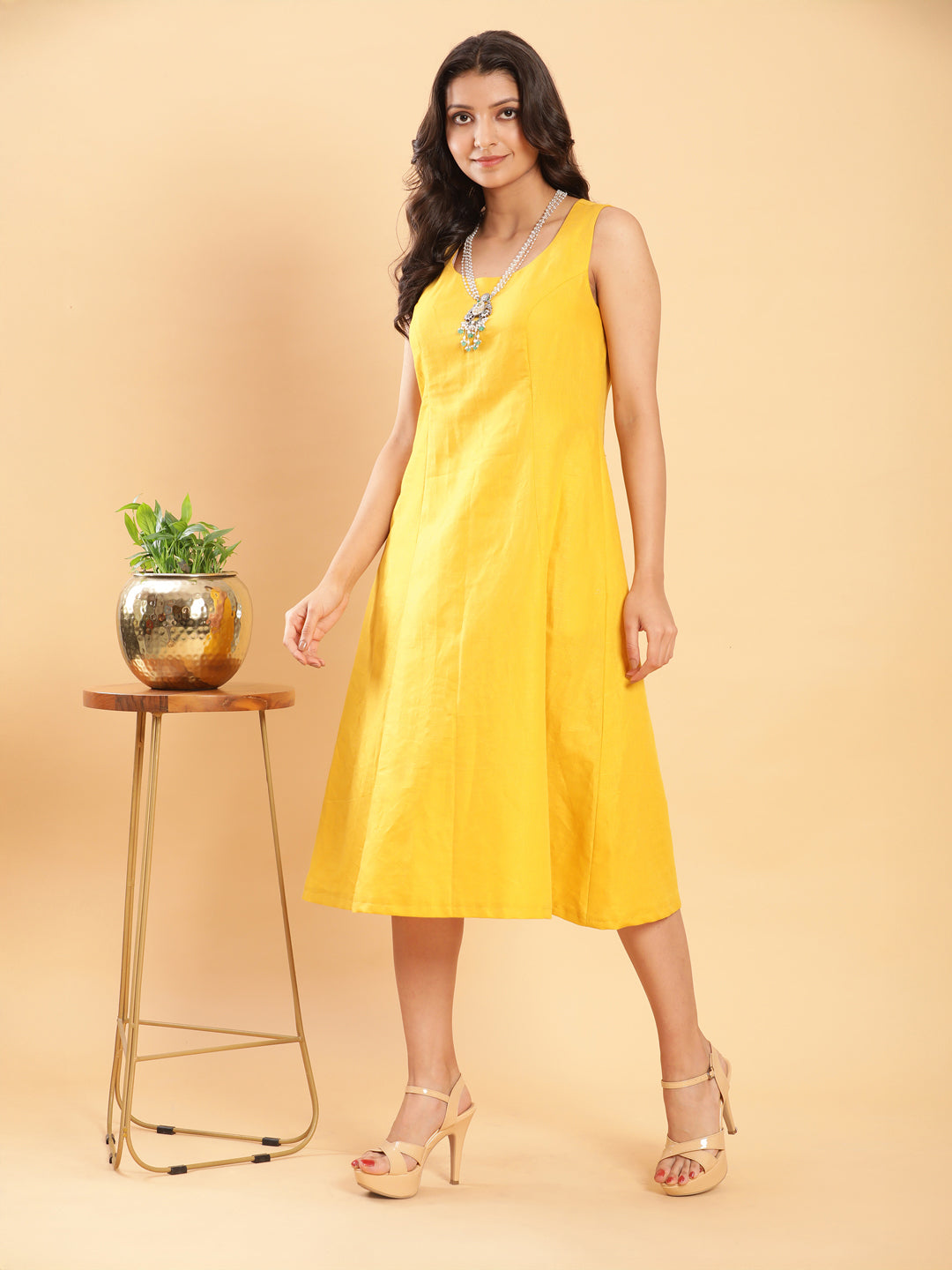 BohoJazz Vegetable Dye Handblock Jacket with Chrome Yellow Linen Dress | Grocsy