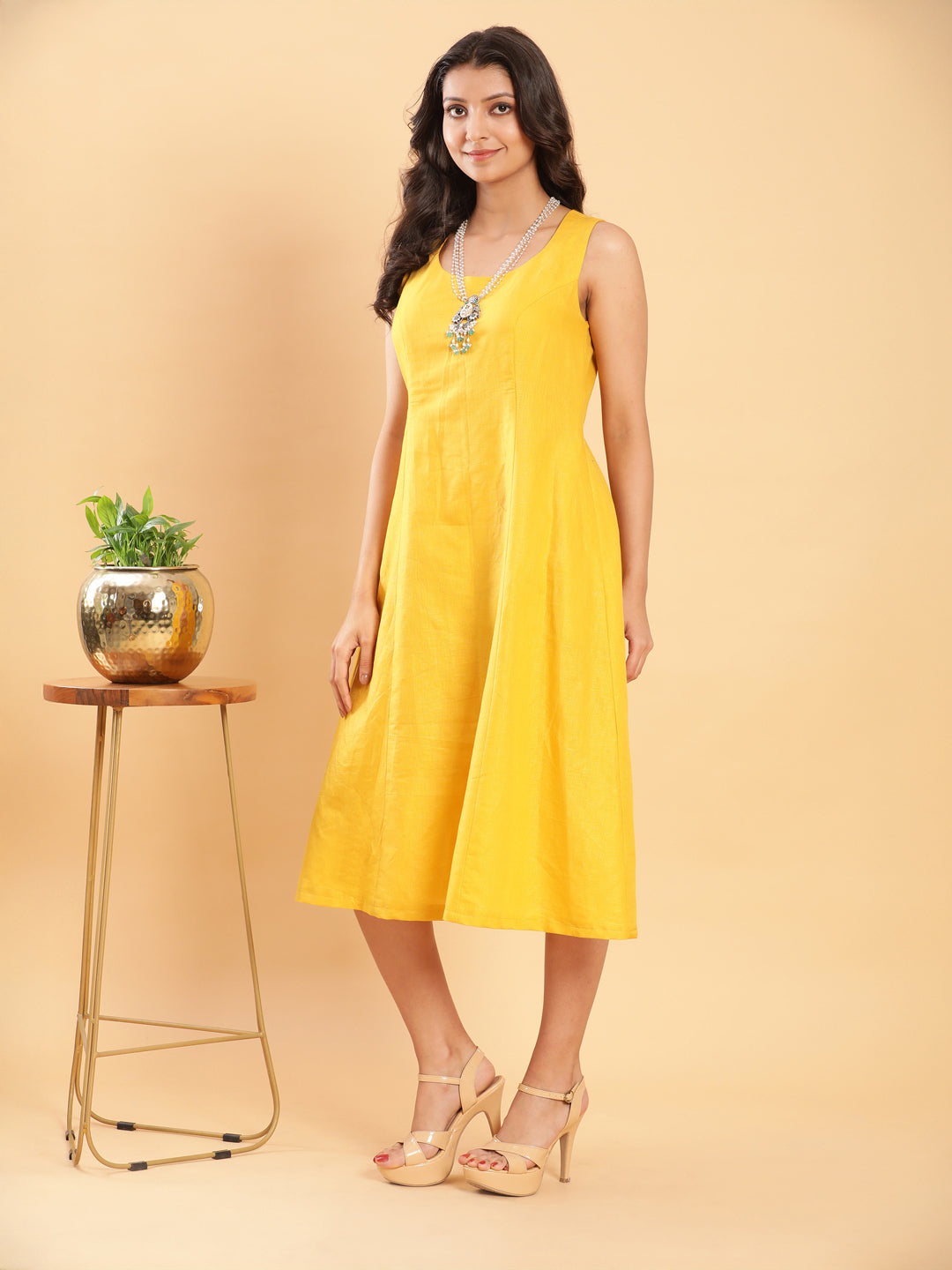 BohoJazz Vegetable Dye Handblock Jacket with Chrome Yellow Linen Dress | Grocsy