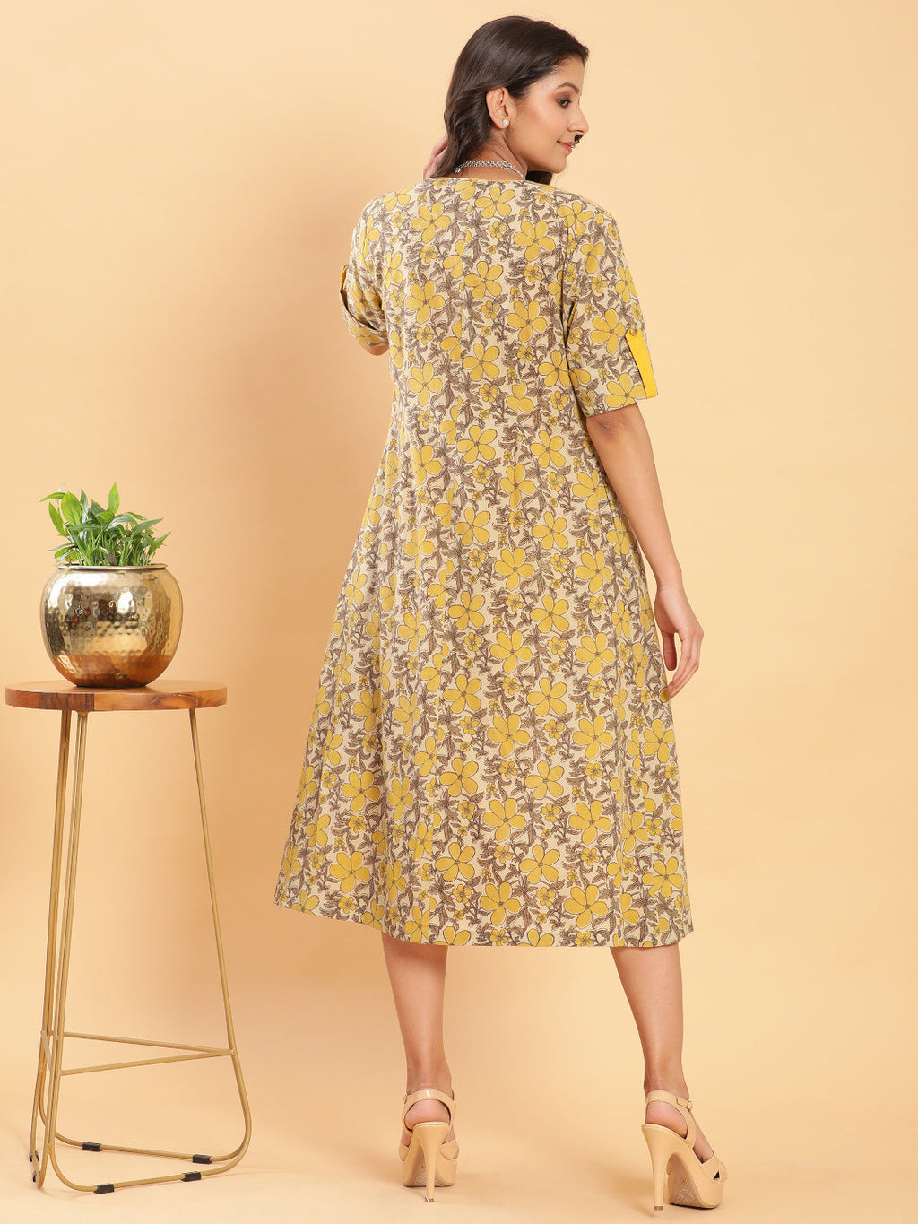 BohoJazz Vegetable Dye Handblock Jacket with Chrome Yellow Linen Dress | Grocsy