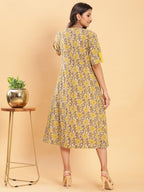 BohoJazz Vegetable Dye Handblock Jacket with Chrome Yellow Linen Dress | Grocsy