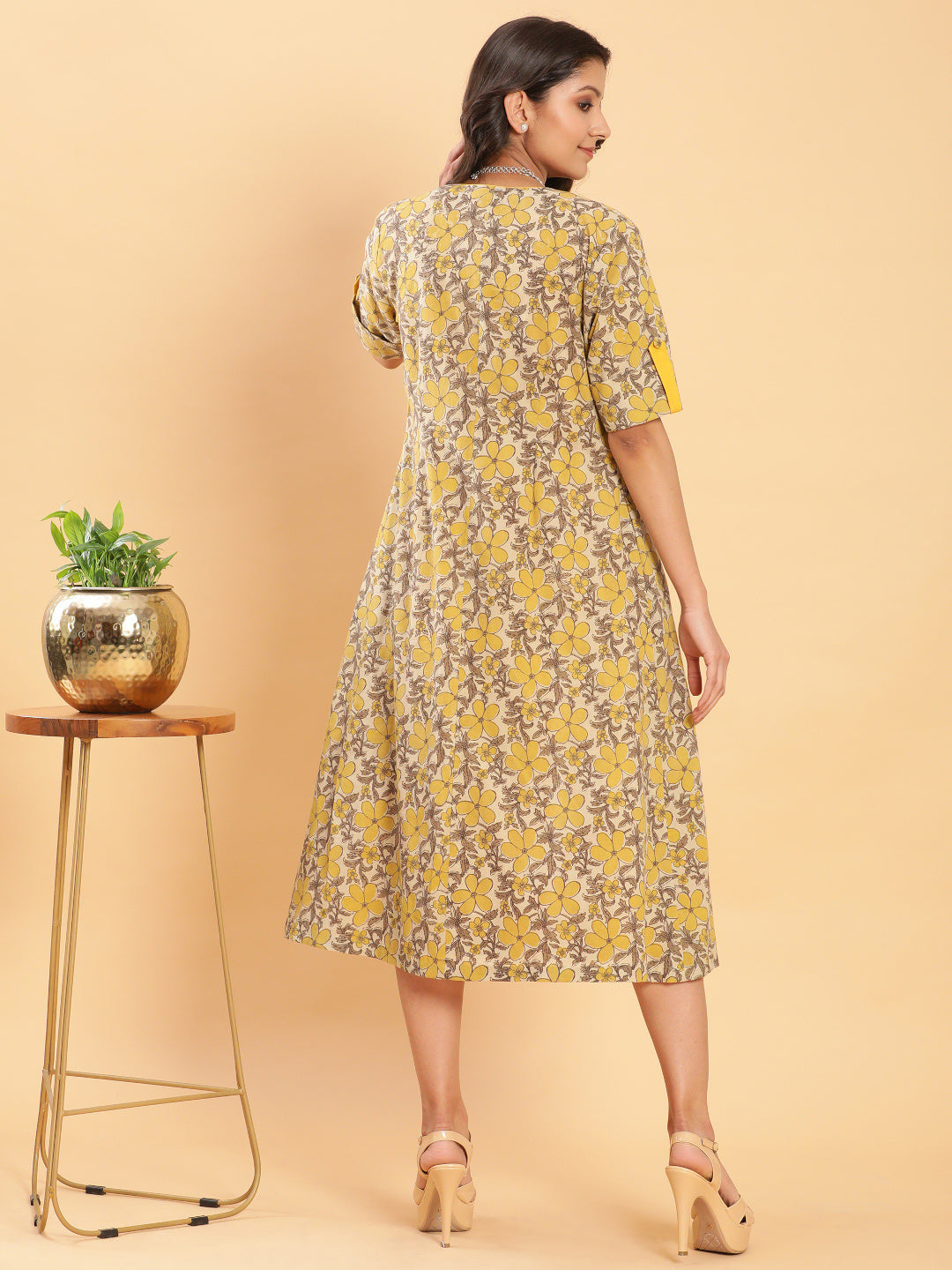BohoJazz Vegetable Dye Handblock Jacket with Chrome Yellow Linen Dress | Grocsy