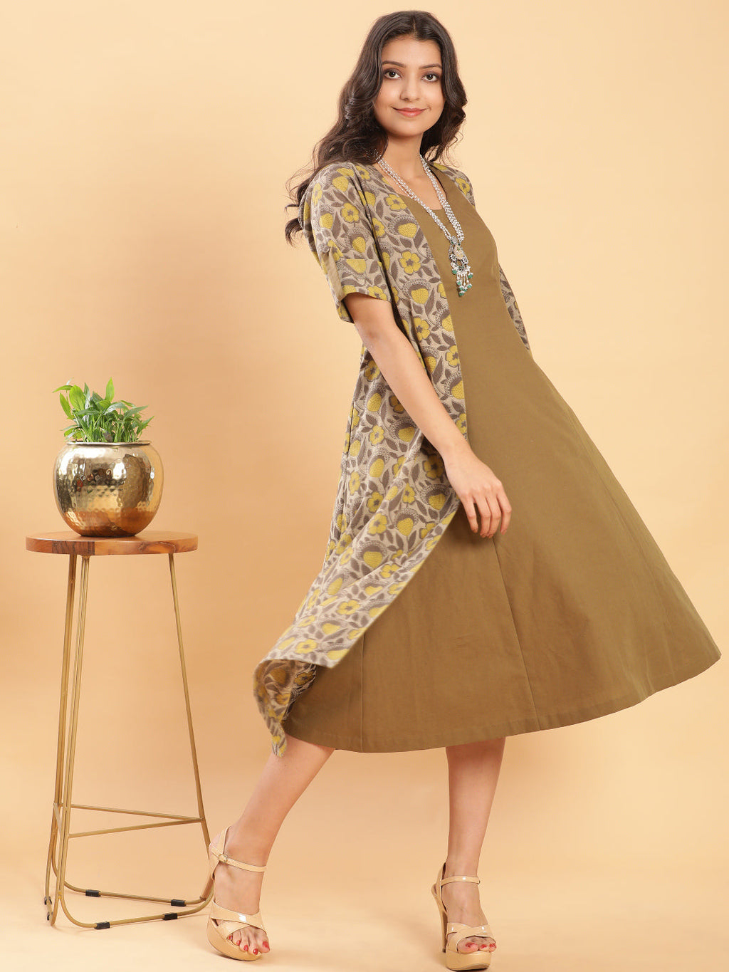 BohoJazz Vegetable Dye Handblock Jacket with Olive Green Linen Dress | Grocsy
