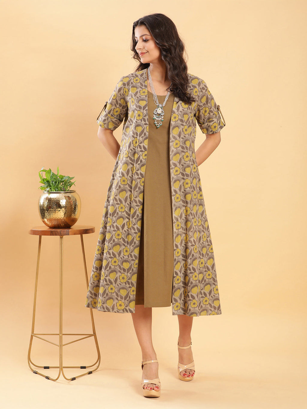 BohoJazz Vegetable Dye Handblock Jacket with Olive Green Linen Dress | Grocsy