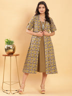 BohoJazz Vegetable Dye Handblock Jacket with Olive Green Linen Dress | Grocsy