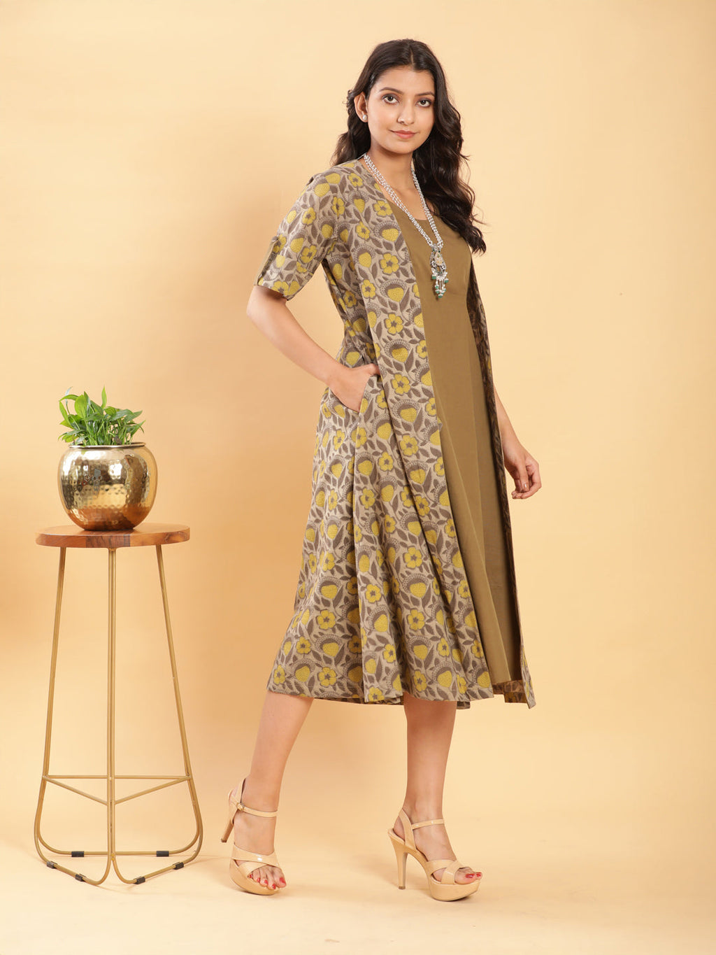 BohoJazz Vegetable Dye Handblock Jacket with Olive Green Linen Dress | Grocsy