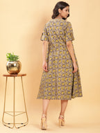 BohoJazz Vegetable Dye Handblock Jacket with Olive Green Linen Dress | Grocsy