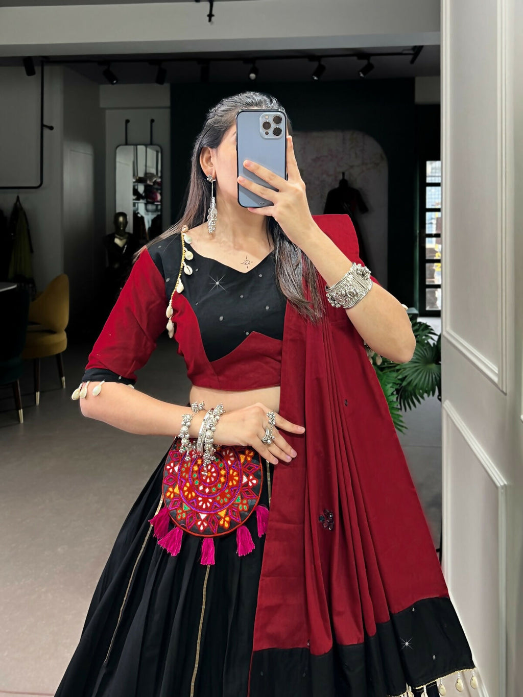 Vastranavya Navaratri Special Pure Cotton Gamthi Patch Work With Gota Patti Touch Up Lehenga Stitched Choli - Black | Grocsy
