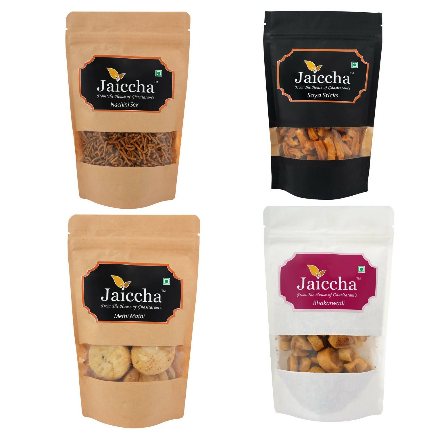 Ghasitaram Best of 4 Assorted Namkeens Soya Sticks, Nachini Sev, Bhakar wadi, Methi Mathi Pouches | Grocsy