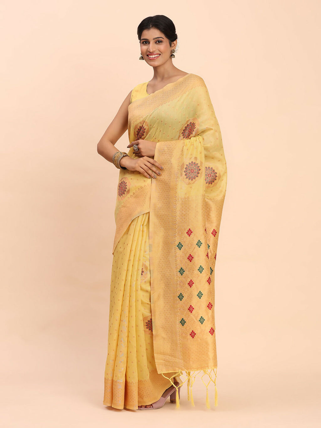 Shree Shyam Fashion Linen Cotton Yellow Saree | Grocsy