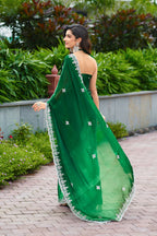Vastranavya Green Embroidery Work Shimmer Chiffon Saree with Unstitched Blouse | Grocsy