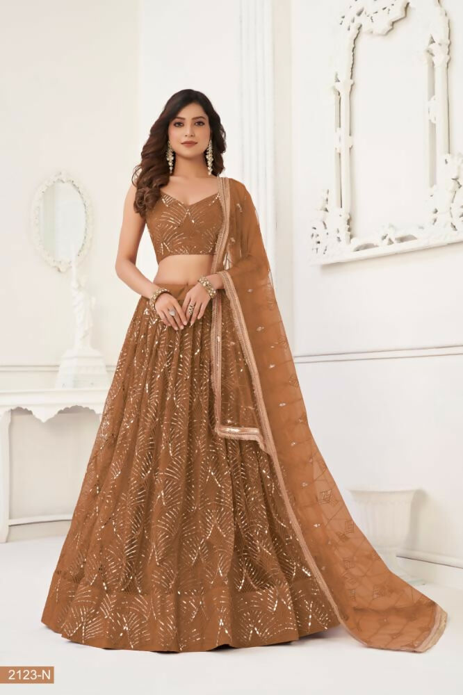 Aastha Fashion Brown Butterfly Net Tone To Tone Thread Work, Sequence Work And Original Mirror Work Embroidery Wedding Wear Lehenga Choli | Grocsy