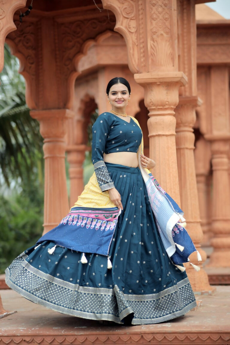 Vastranavya Navaratri Collection Myra Silk Lehenga & Blouse With Maslin Crochet Printed Dupatta Set - Turquoise | Grocsy