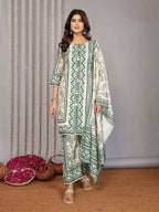 Joban Fashion Women Off White & Forest Green Linen Printed Stitched Kurta Set | Grocsy