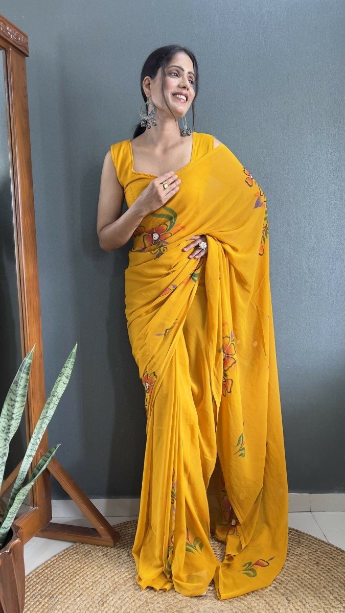 Aayaa Designer 1 min Hand Painted Ready to Wear saree - Mustard Yellow | Grocsy