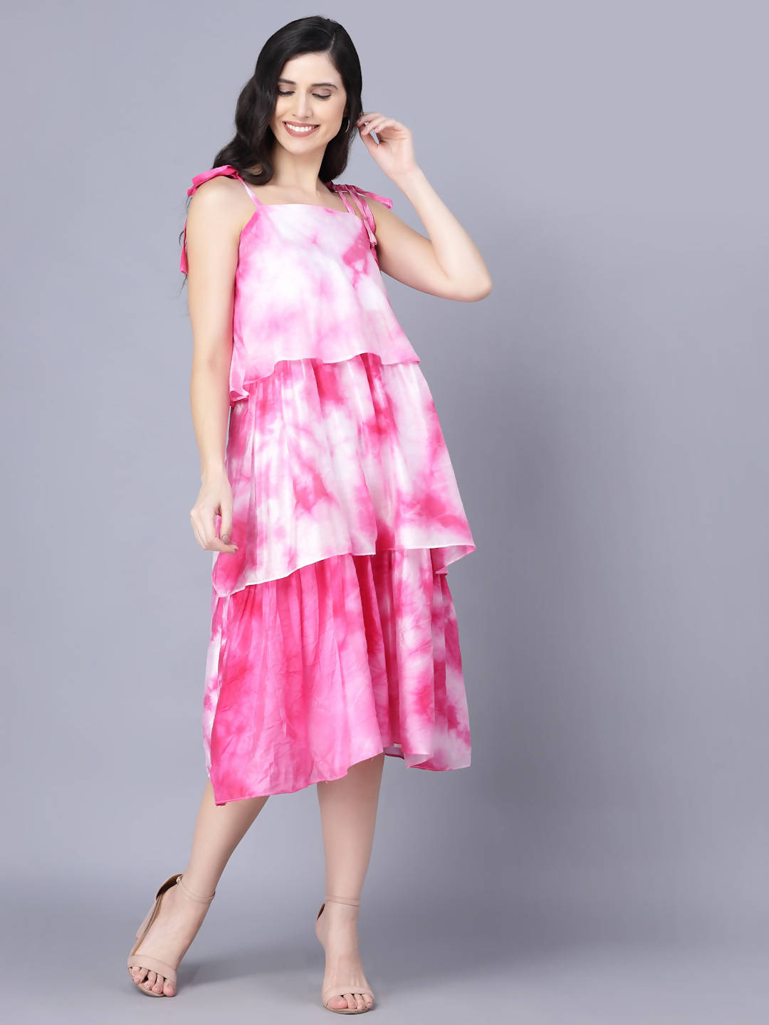 Myshka Women White Tie and Dye Dyed Layered A-Line Midi Dress | Grocsy