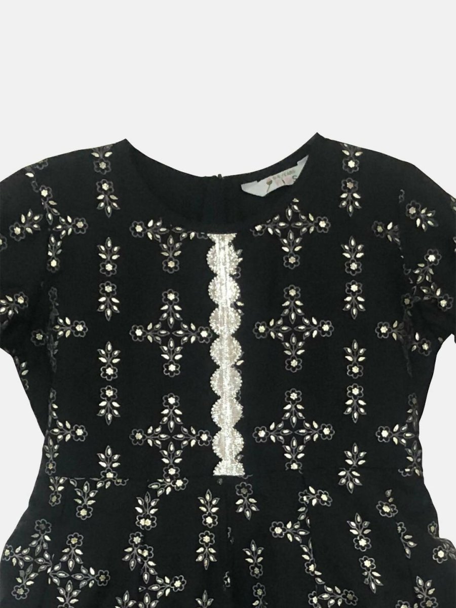 Ahalyaa Black Chanderi Gold Foil Printed Kids Dress For Girls | Grocsy