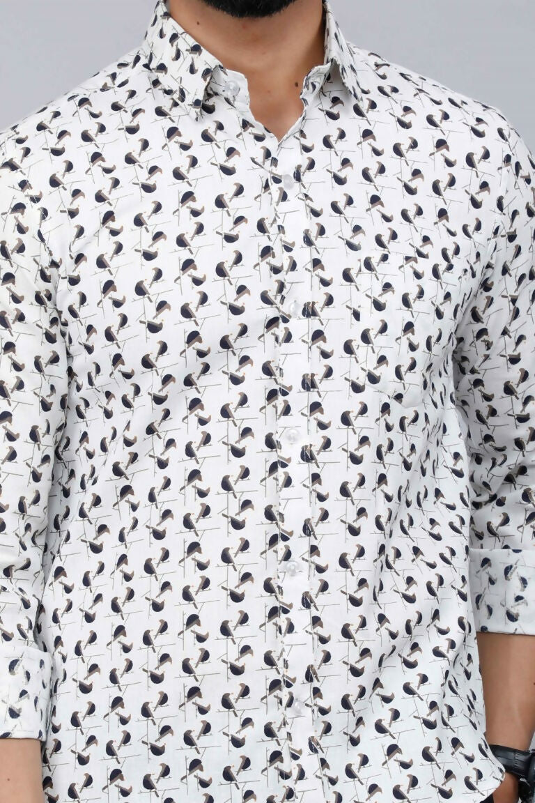 Miravan Men's White Spread Collar Bird Print Casual Shirt | Grocsy