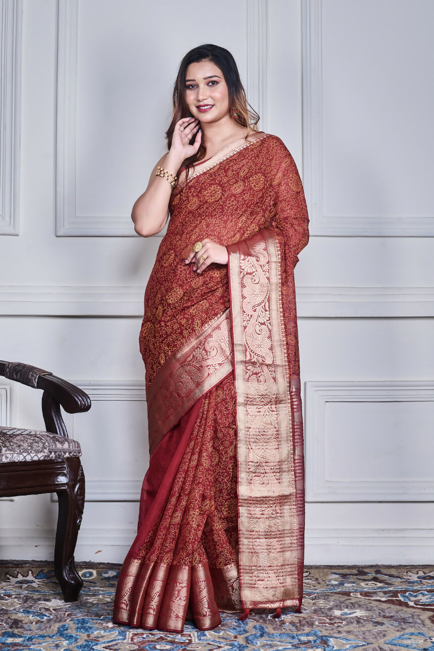 Morchari Maroon Script Printed Orzanga Saree Unstitched Blouse | Grocsy
